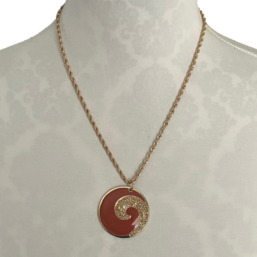 Gold Tone Pendant Necklace – Rust Enamel Swirl Circle Statement Pendant